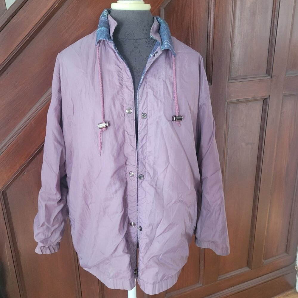 Vintage Reversible Purple Nylon & Patterned Fleece Jacket With Drawstring Hood &